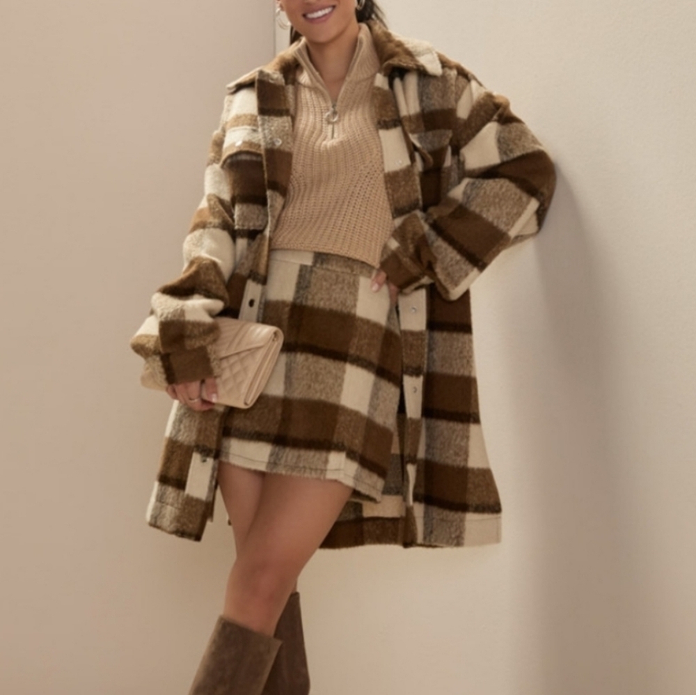 Plaid Brown & Cream Women's Jacket Oversized Shacket